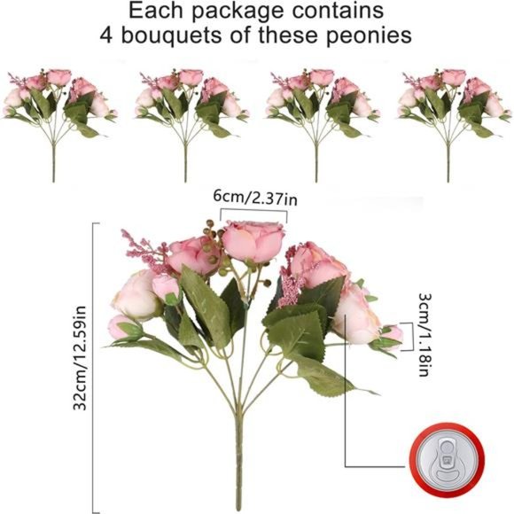 Artificial Peonies Silk Flowers, Pink Faux Peony Bouquet 4 Bundles Florals - Picture 4 of 6